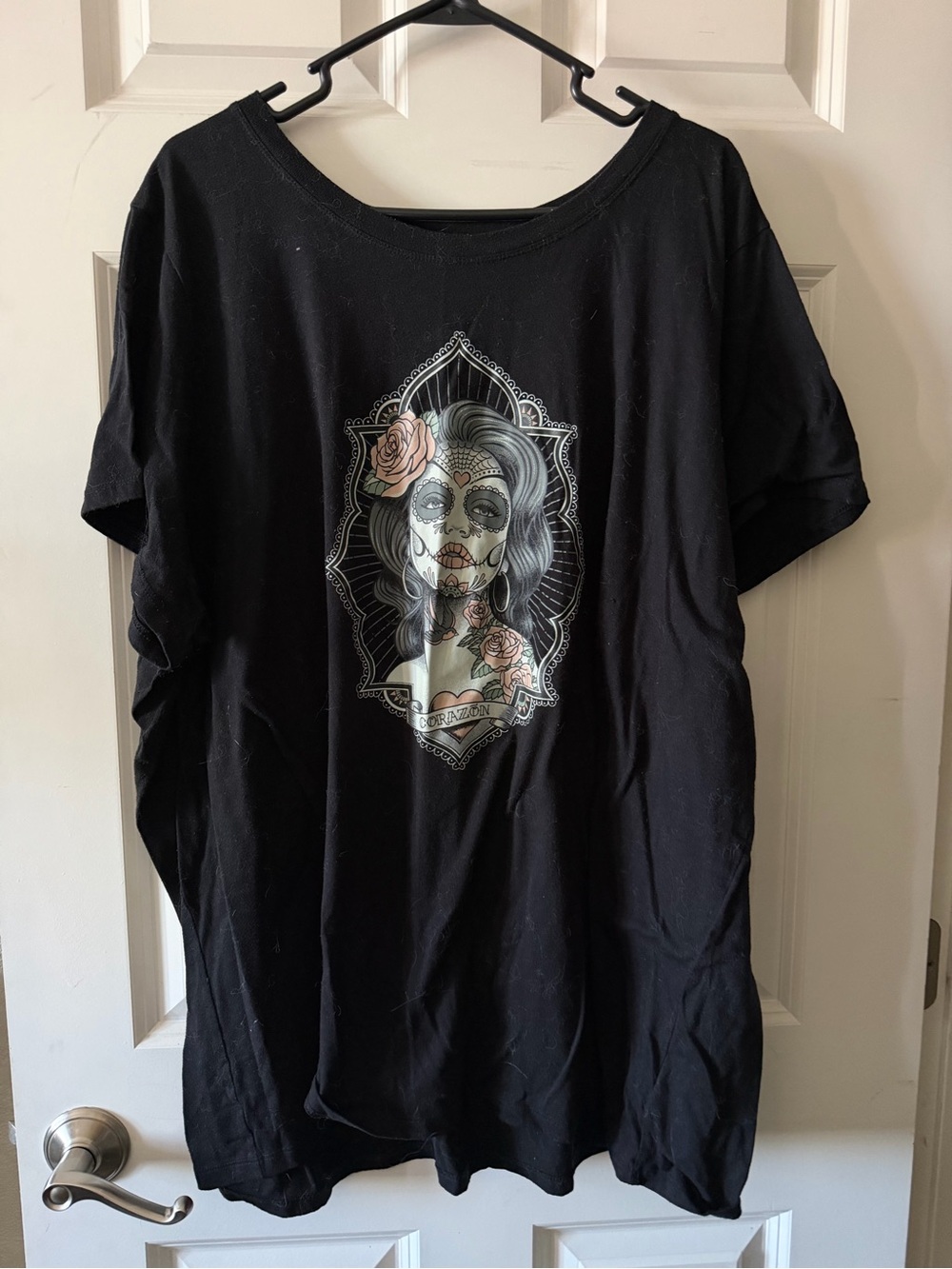 torrid Black Tee with Sugar Skull Portrait and Pink Rose Accents